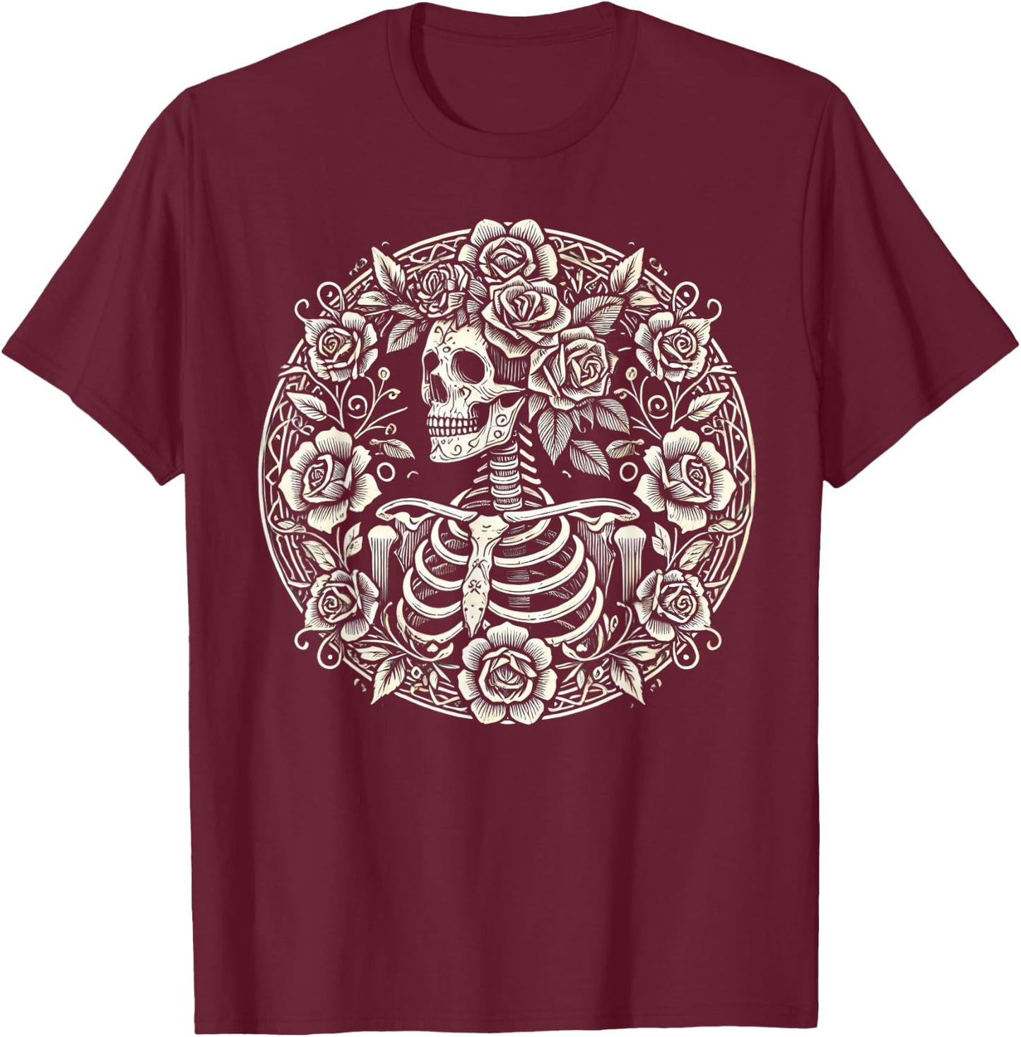 Floral Skeleton Flowers Goth Occult Death Dark Aesthetic T-Shirt - T-Shirt | Maroon