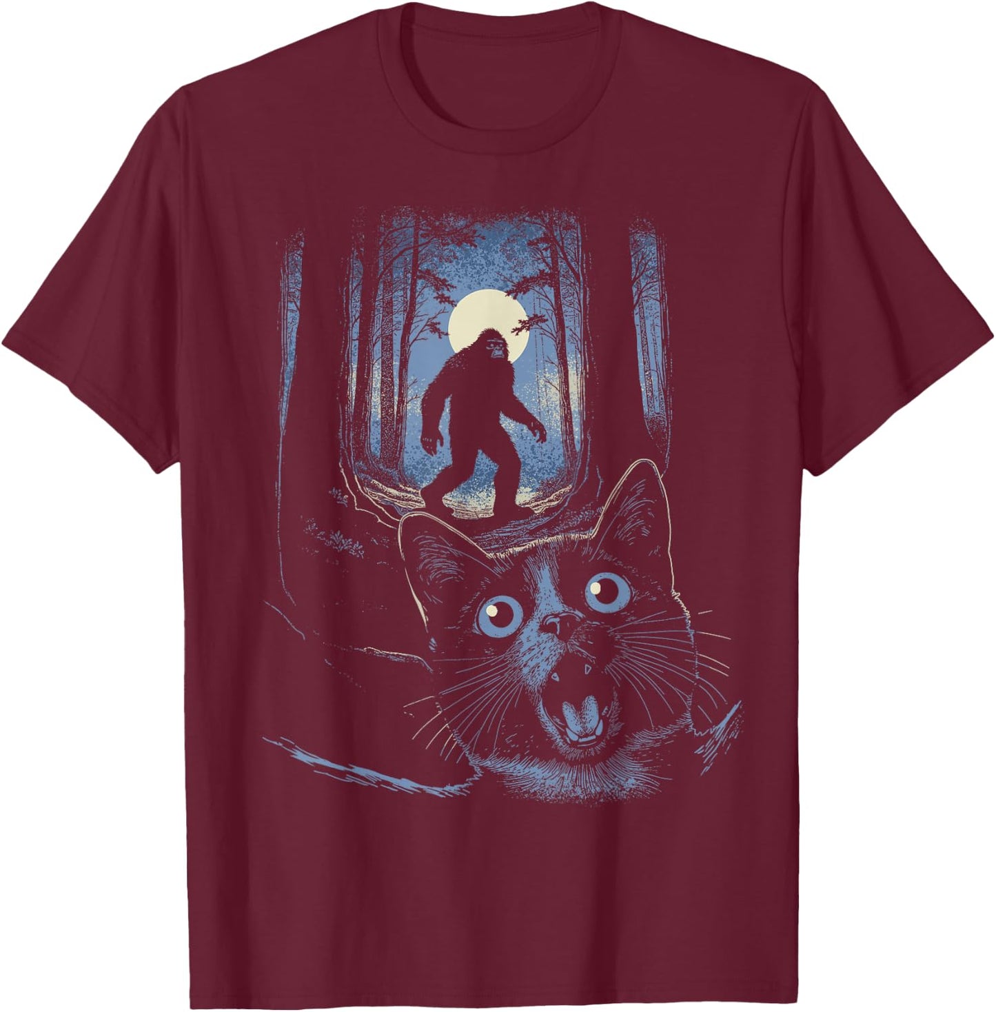 Funny Surprised Scared Cat Selfie With Bigfoot Sasquatch T-Shirt - T-Shirt | Maroon