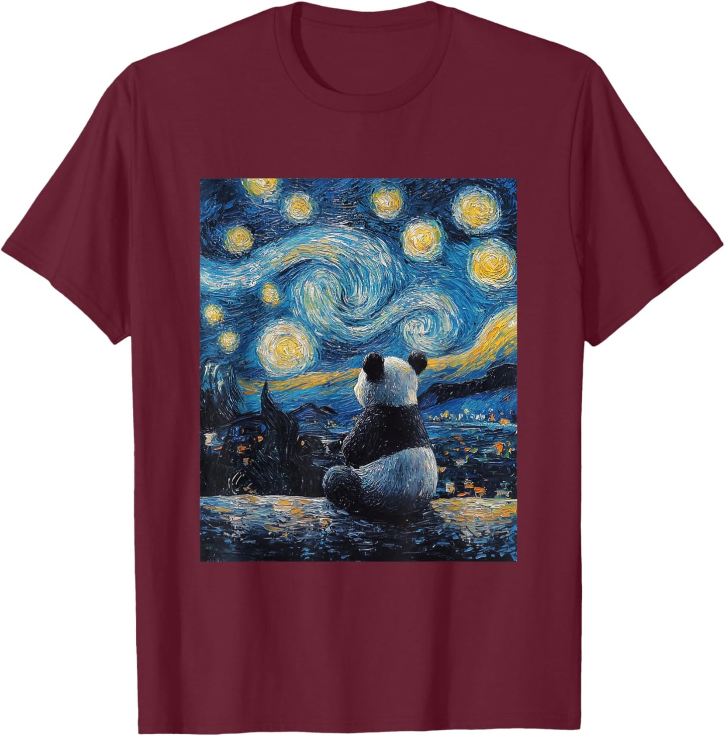 Cute Panda Bear - Van Gogh Style - Starry Night Graphic T-Shirt - T-Shirt | Maroon