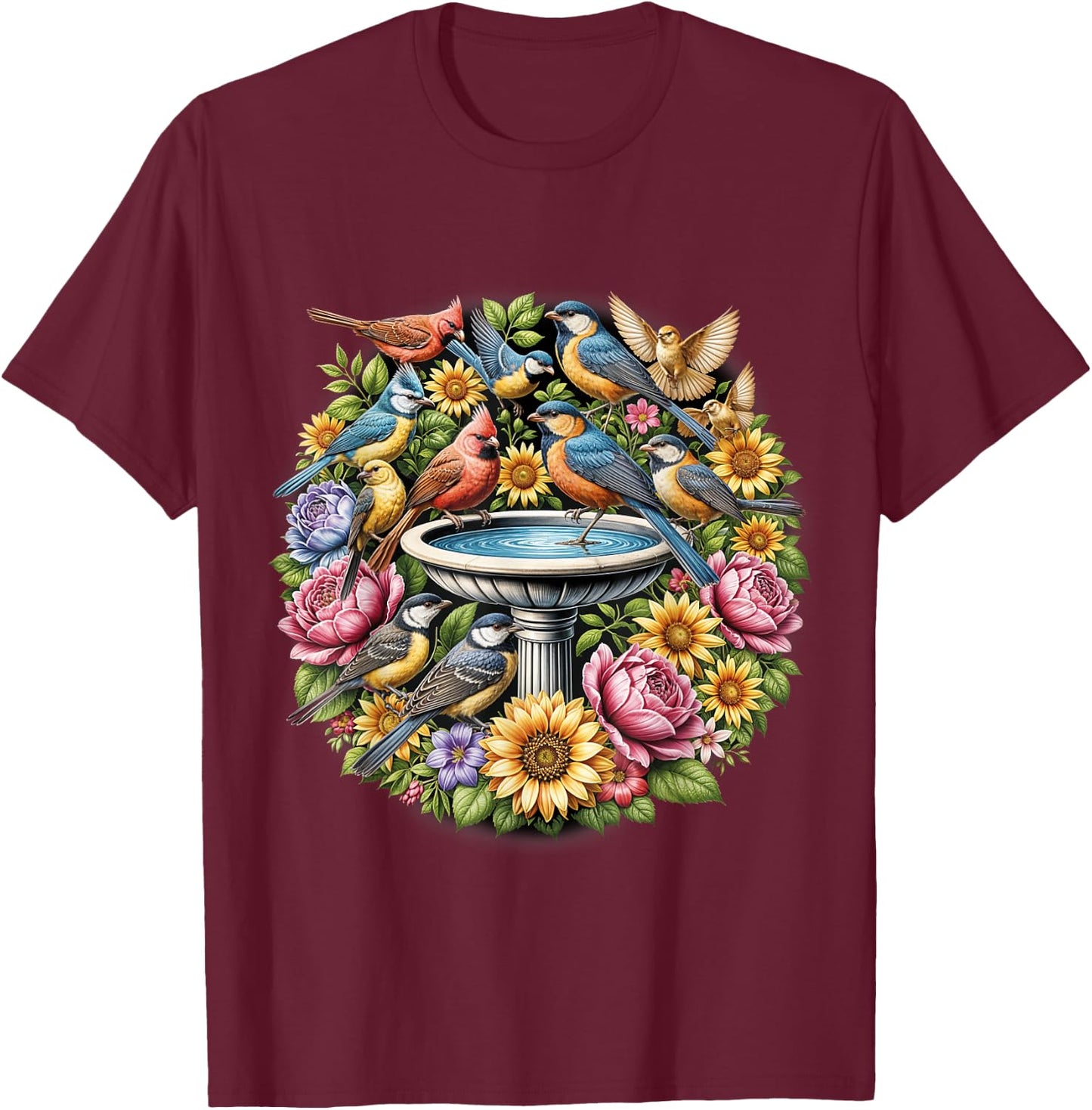 Birds Spring Flowers Shirt Water Fountain Birdwatcher Birder T-Shirt - T-Shirt | Maroon