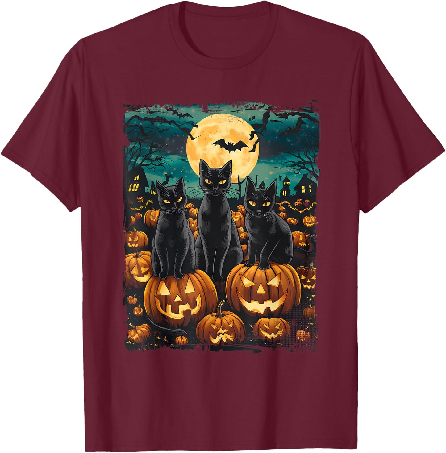 Black Cat Pumpkin Halloween Starry Night Cat Van Gogh Cat Women Kids T-Shirt - T-Shirt | Maroon