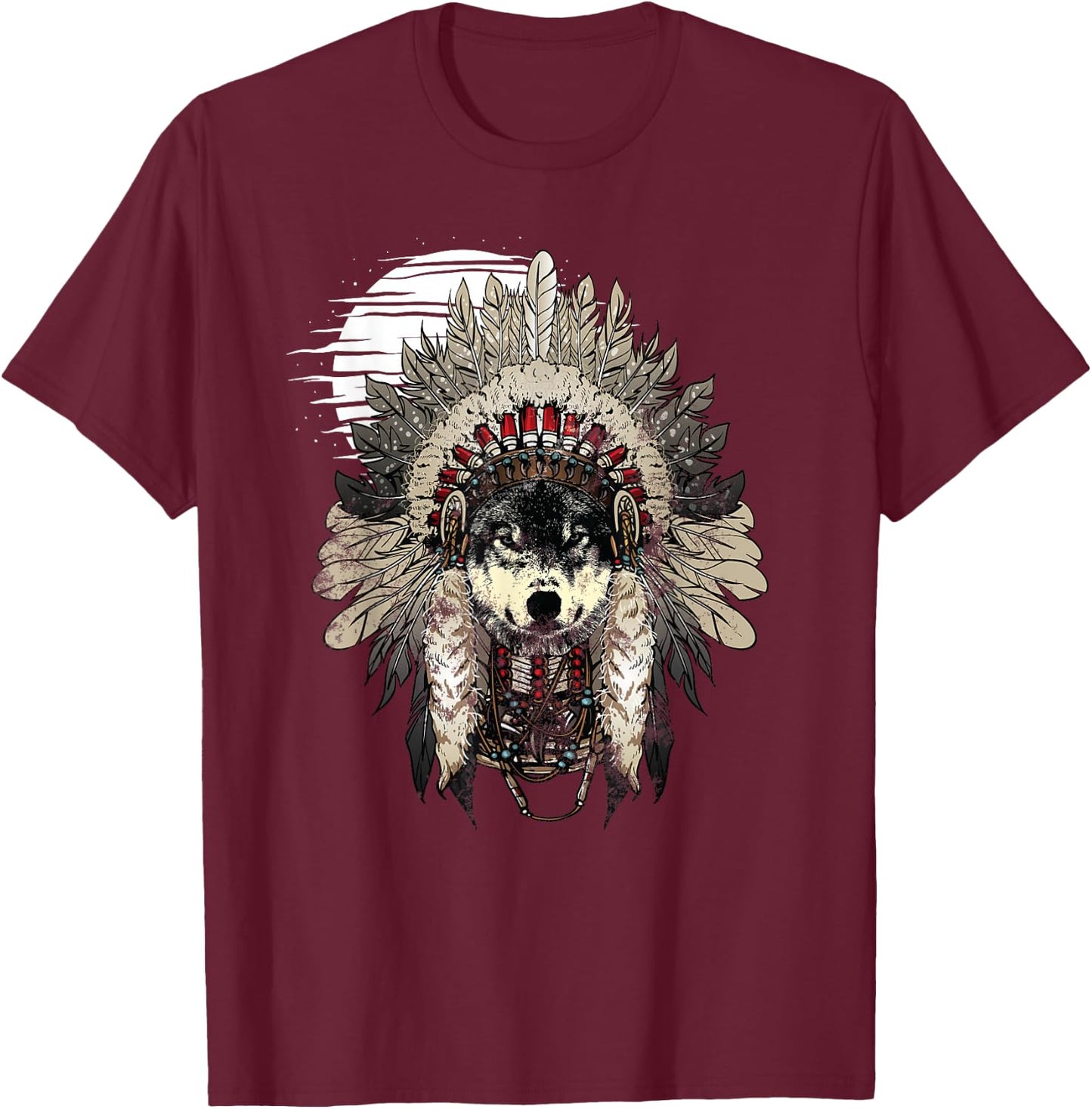 Wolf T Shirt Moon Native American Headdress Wolves Clothing T-Shirt - T-Shirt | Maroon