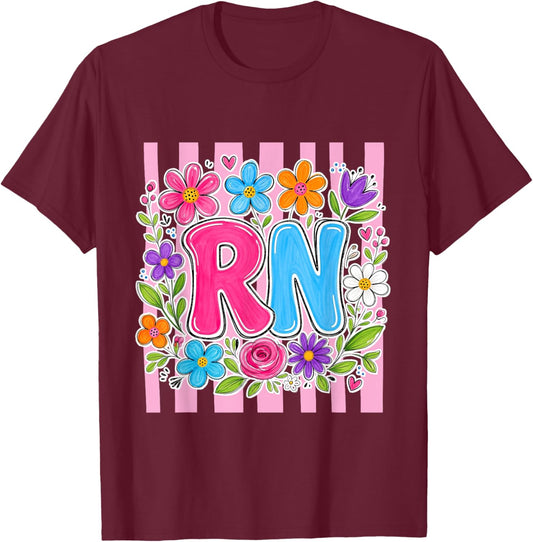 RN Registered Nurse Striped Floral Nursing Students Women T-Shirt - T-Shirt | Maroon