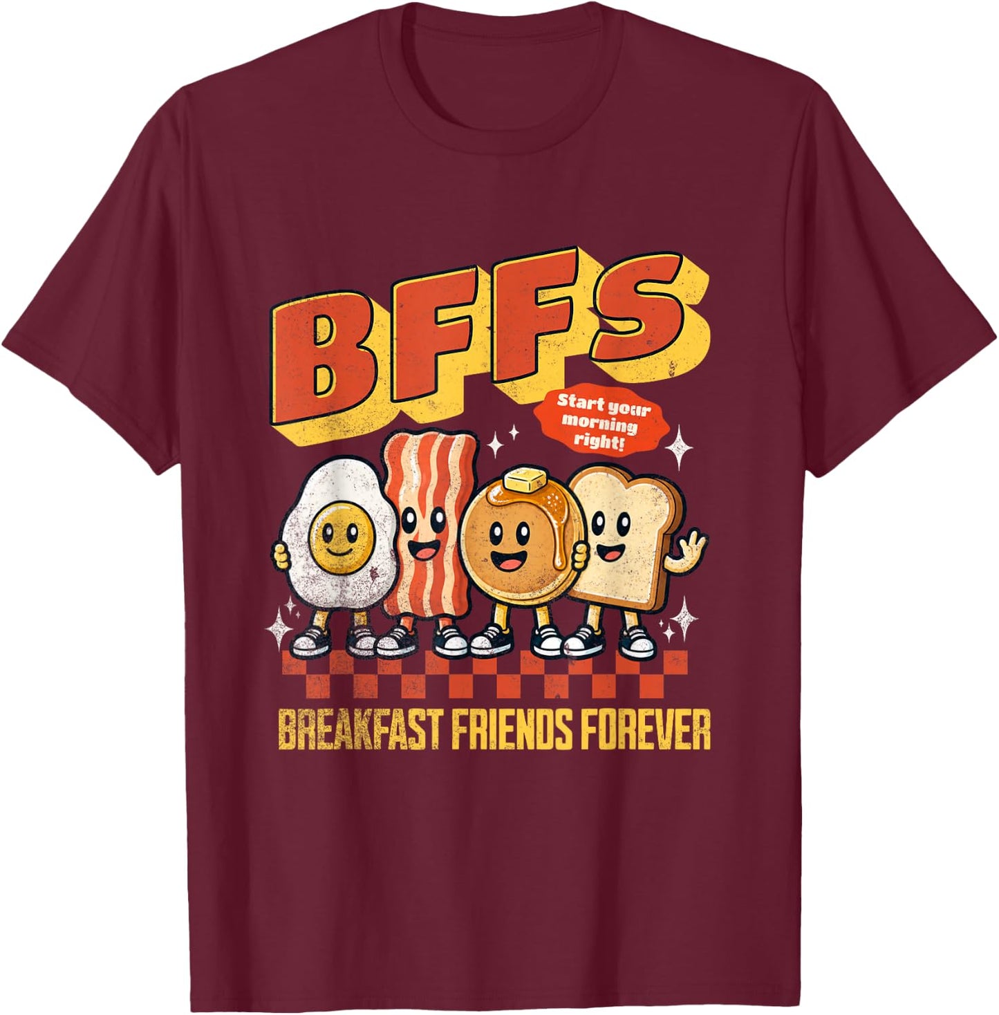 BFF Breakfast Friends Forever Cute Vintage Cartoon Food Art T-Shirt - T-Shirt | Maroon