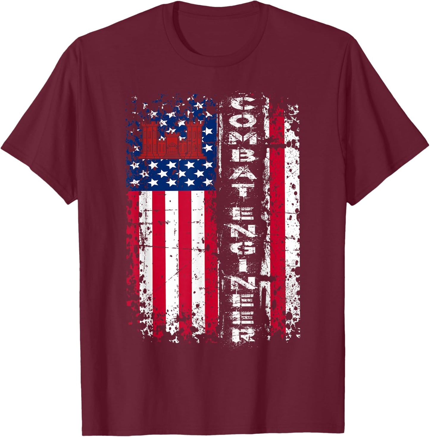 Combat Engineer Distressed American Flag - U.S. Military T-Shirt - T-Shirt | Maroon