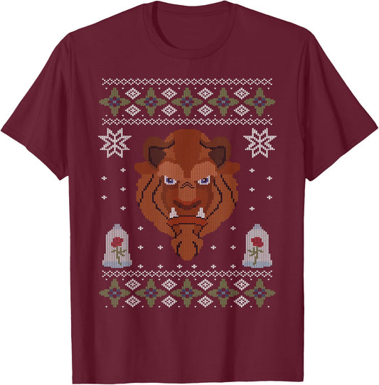 Disney Beauty & The Beast Scowl Christmas Sweater T-Shirt - T-Shirt | Maroon