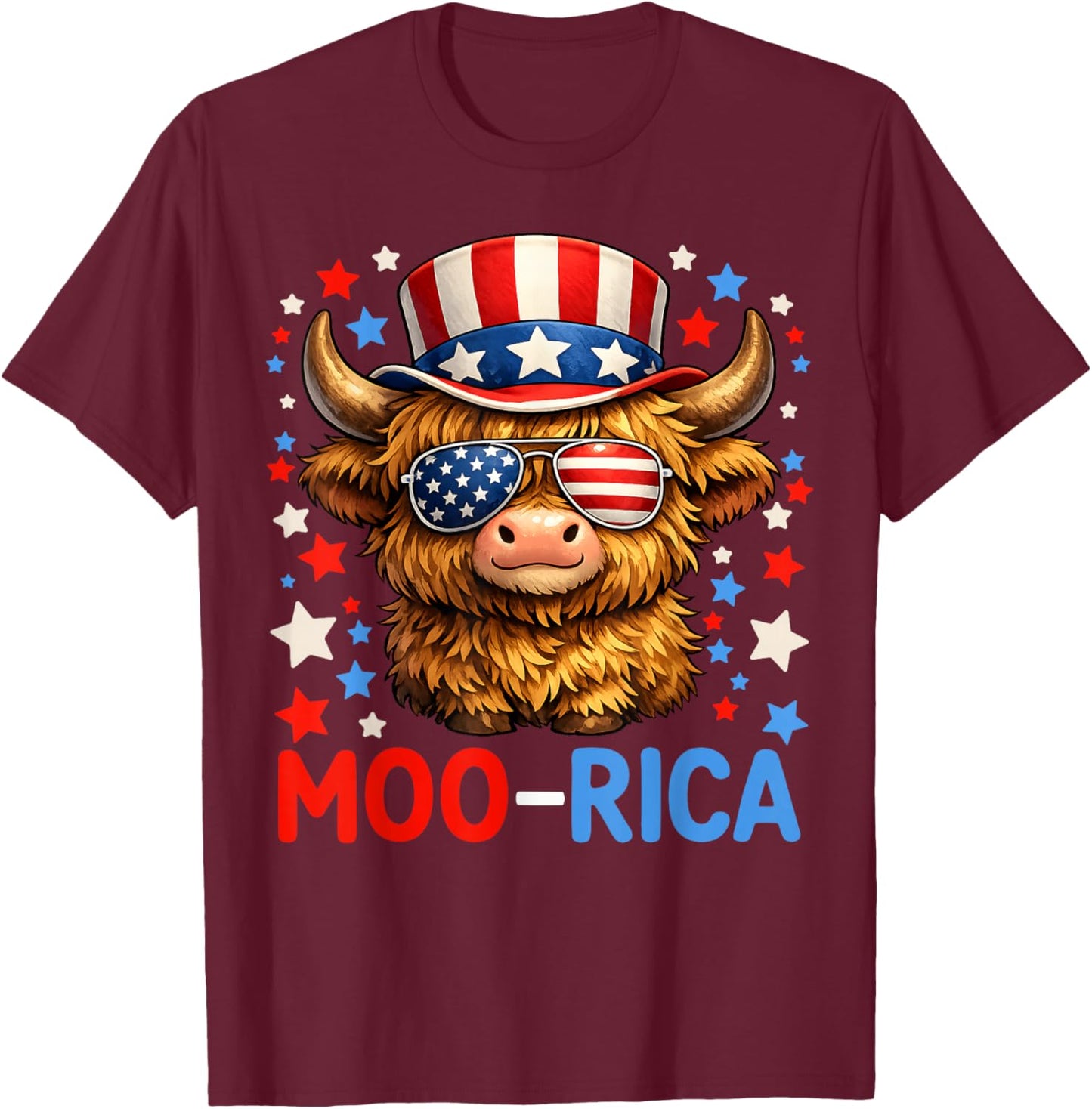 Patriotic Highland Cow Moo-rica July 4th Independence Day T-Shirt - T-Shirt | Maroon