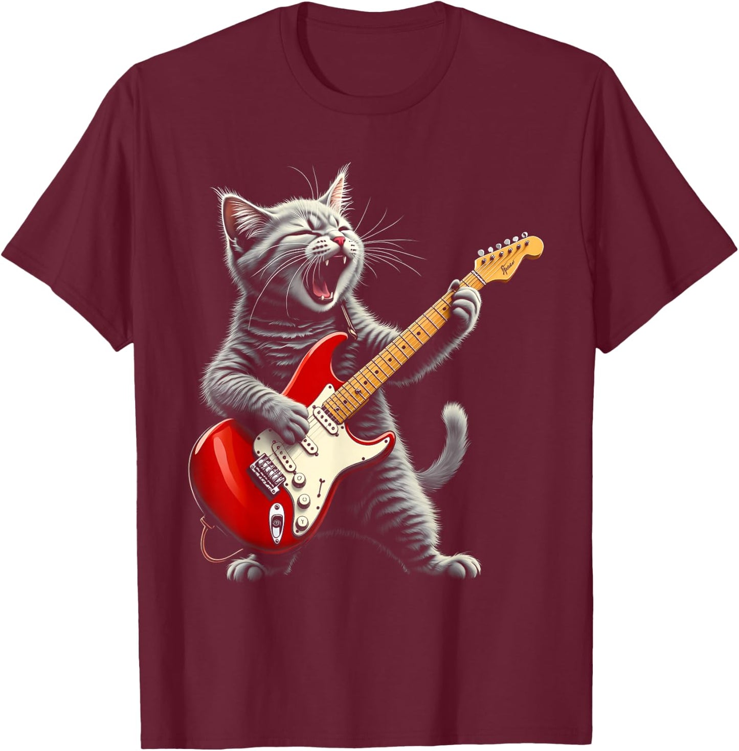 Funny Rock Star Cat Playing Guitar T-Shirt - T-Shirt | Maroon