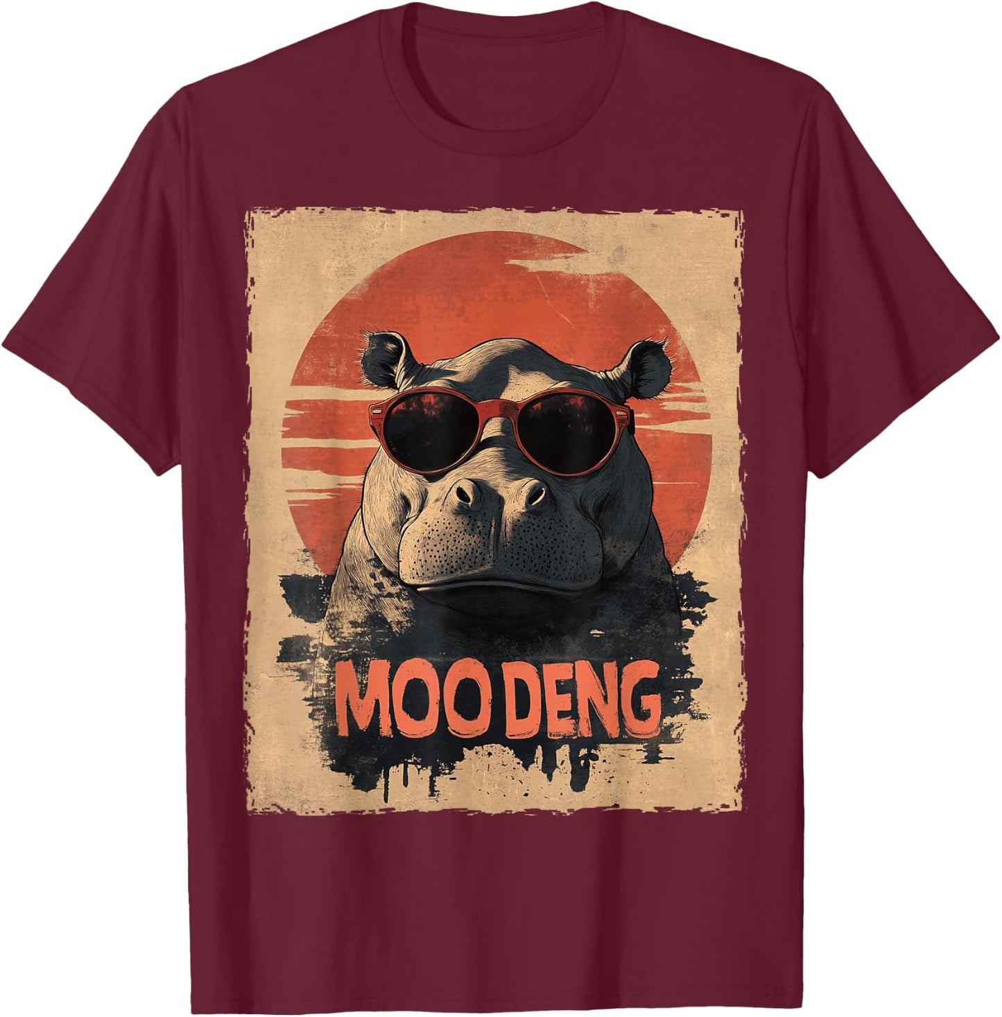 Baby Hippo Moo Deng Sunglasess Vintage Retro T-Shirt - T-Shirt | Maroon