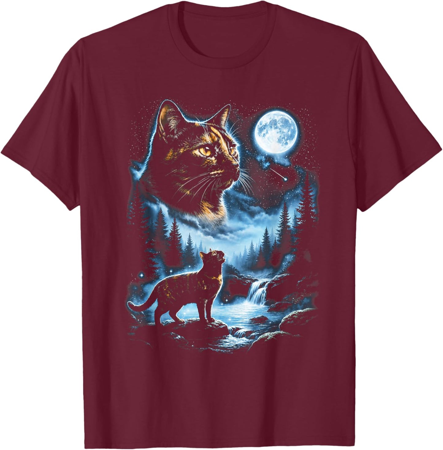 Tortoiseshell Cat Howling At Moon Celestial Parody Design T-Shirt - T-Shirt | Maroon