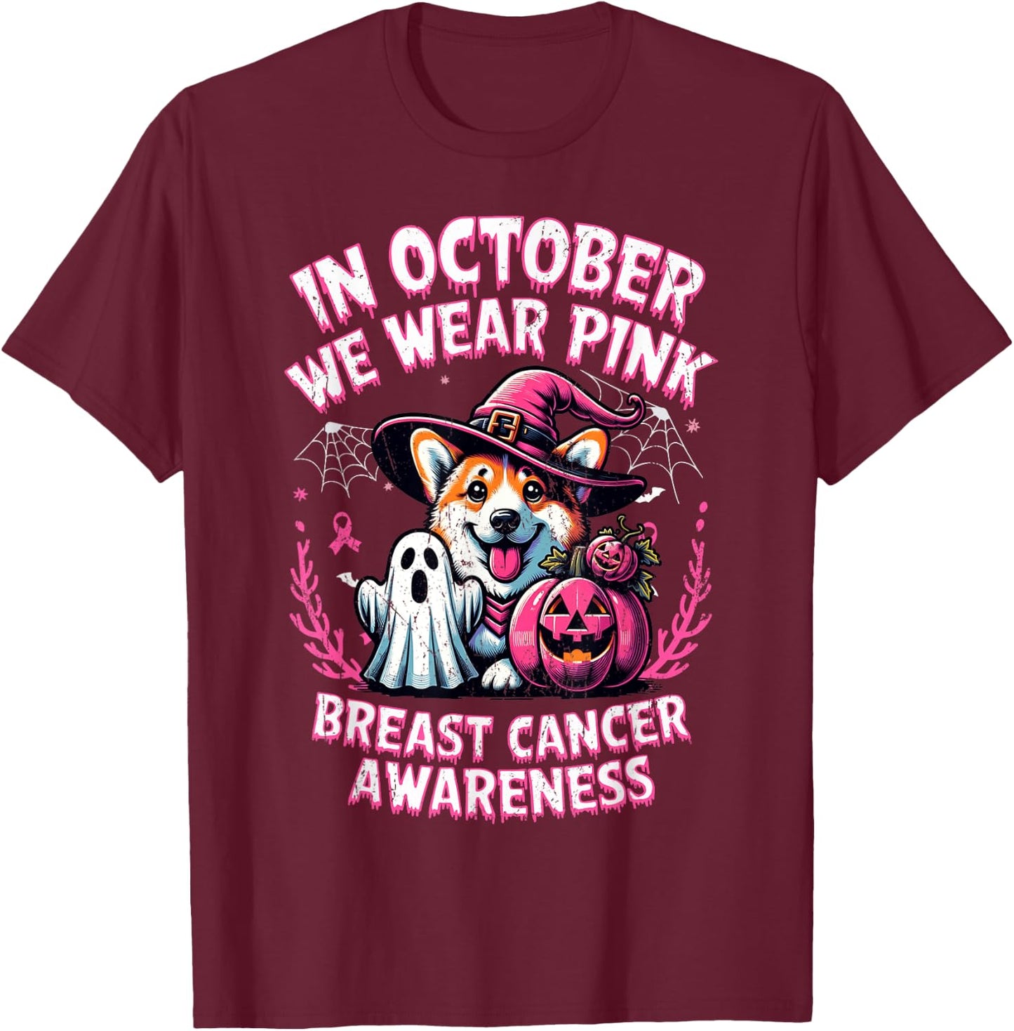 In October We Wear Pink Ghost Corgi Dog Breast Cancer T-Shirt - T-Shirt | Maroon
