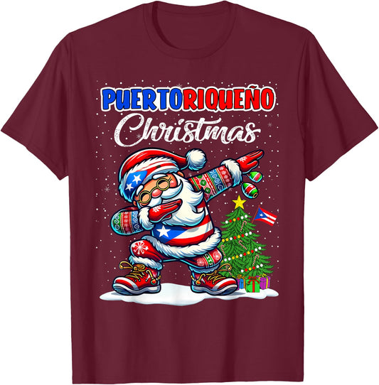 Puerto Rico Dabbing Santa Christmas Puerto Rico Flag for T-Shirt - T-Shirt | Maroon