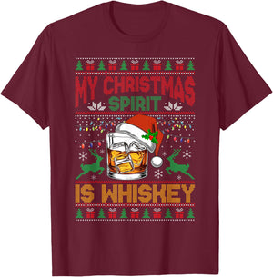 My Christmas Spirit Is Whiskey Ugly Sweater Xmas Pajamas T-Shirt - T-Shirt | Maroon