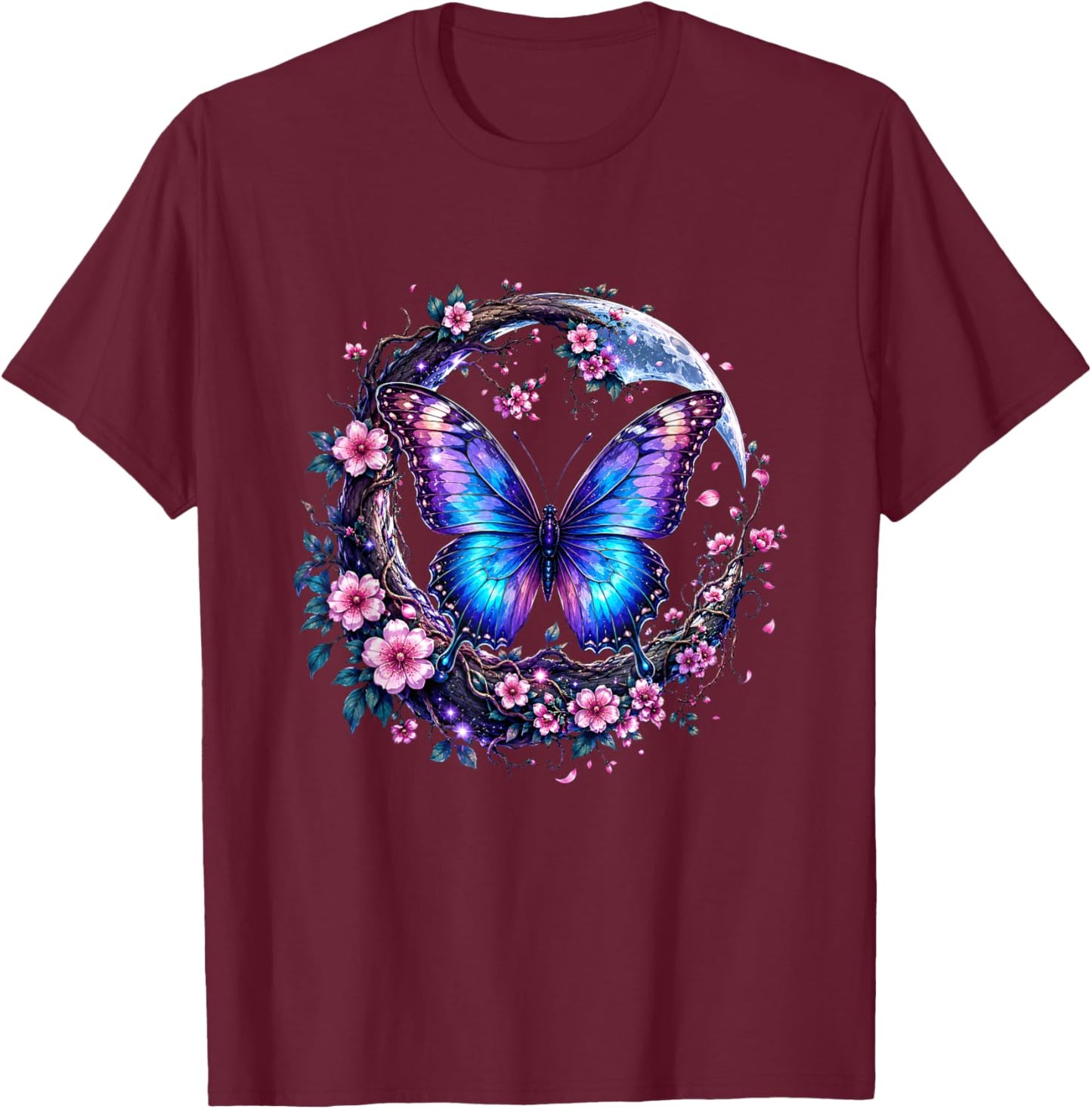 Butterfly Moon Cherry Blossom Fantasy Floral Nature Art T-Shirt - T-Shirt | Maroon