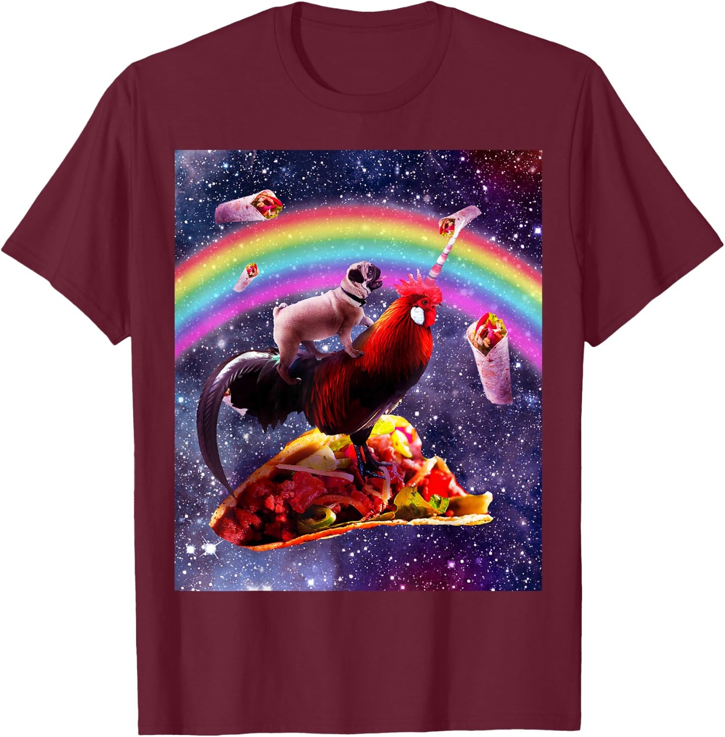 Space Pug Riding Chicken Unicorn - Taco & Burrito T-Shirt - T-Shirt | Maroon