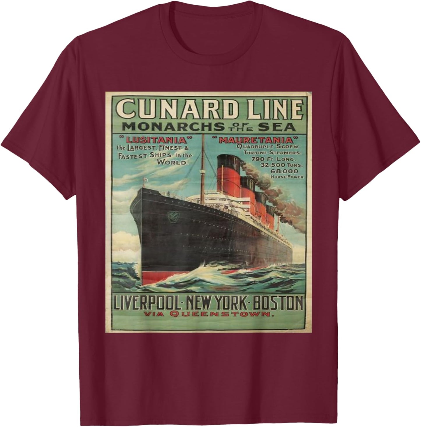 Vintage Cunard Line Poster Cruise Line Ship T-Shirt - T-Shirt | Maroon