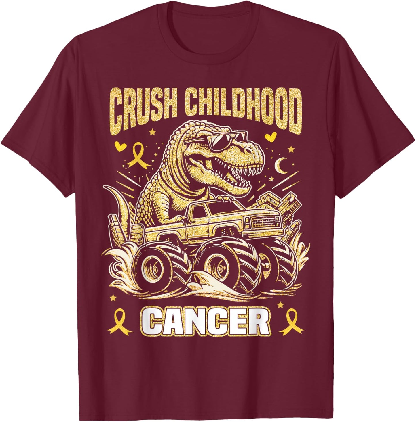 Crush Childhood Cancer Awareness Monster Truck Dinosaur T-Shirt - T-Shirt | Maroon