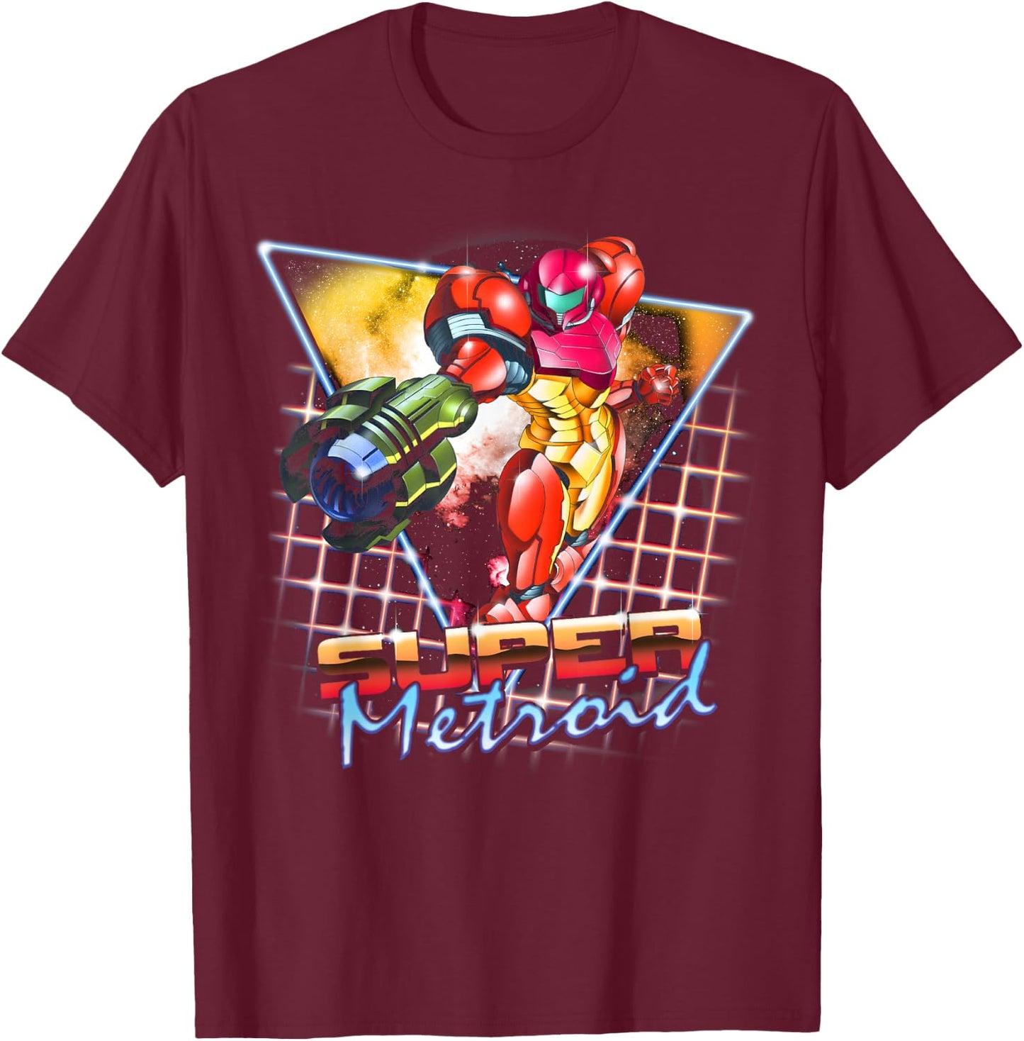 Nintendo Super Metroid Samus Grid Neon Chrome Poster T-Shirt - T-Shirt | Maroon