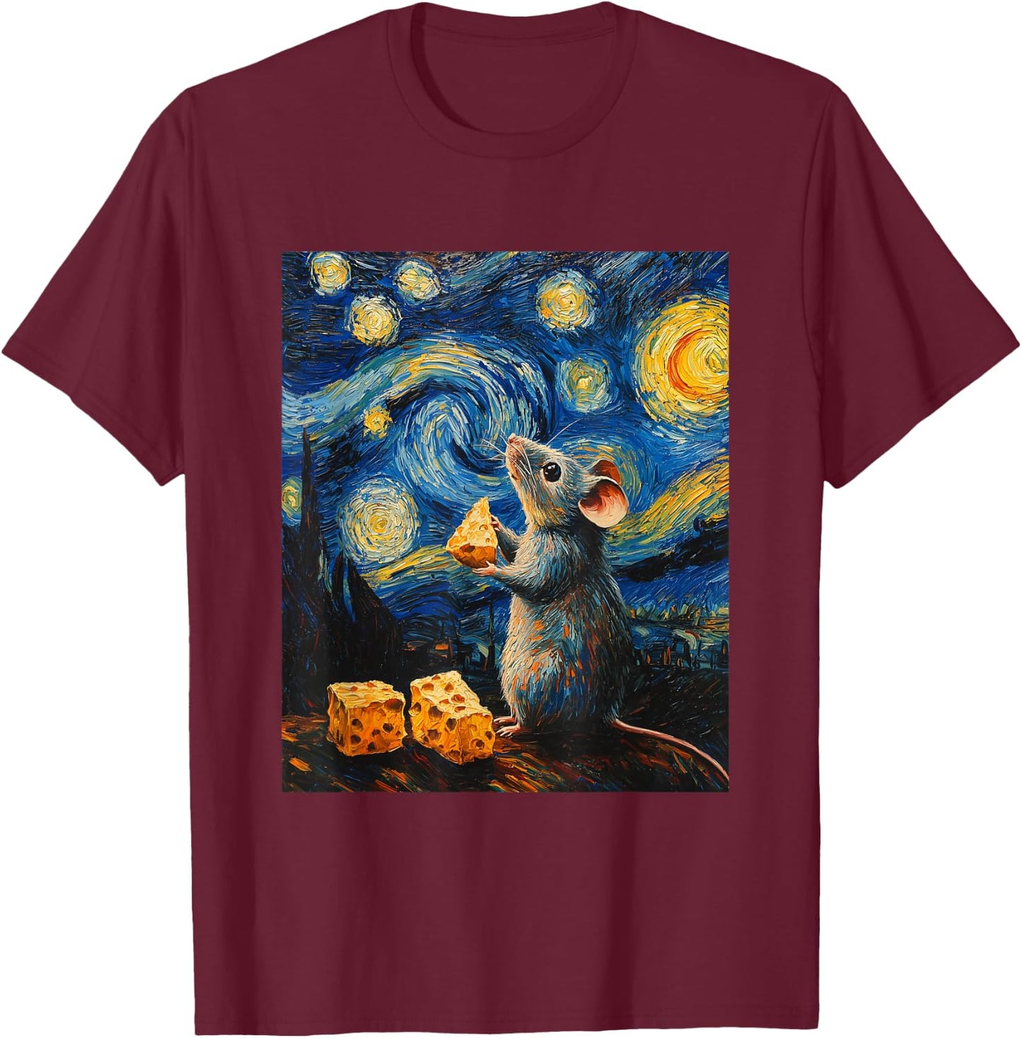 Cute Mouse Rat - Van Gogh Style - Starry Night Graphic T-Shirt - T-Shirt | Maroon