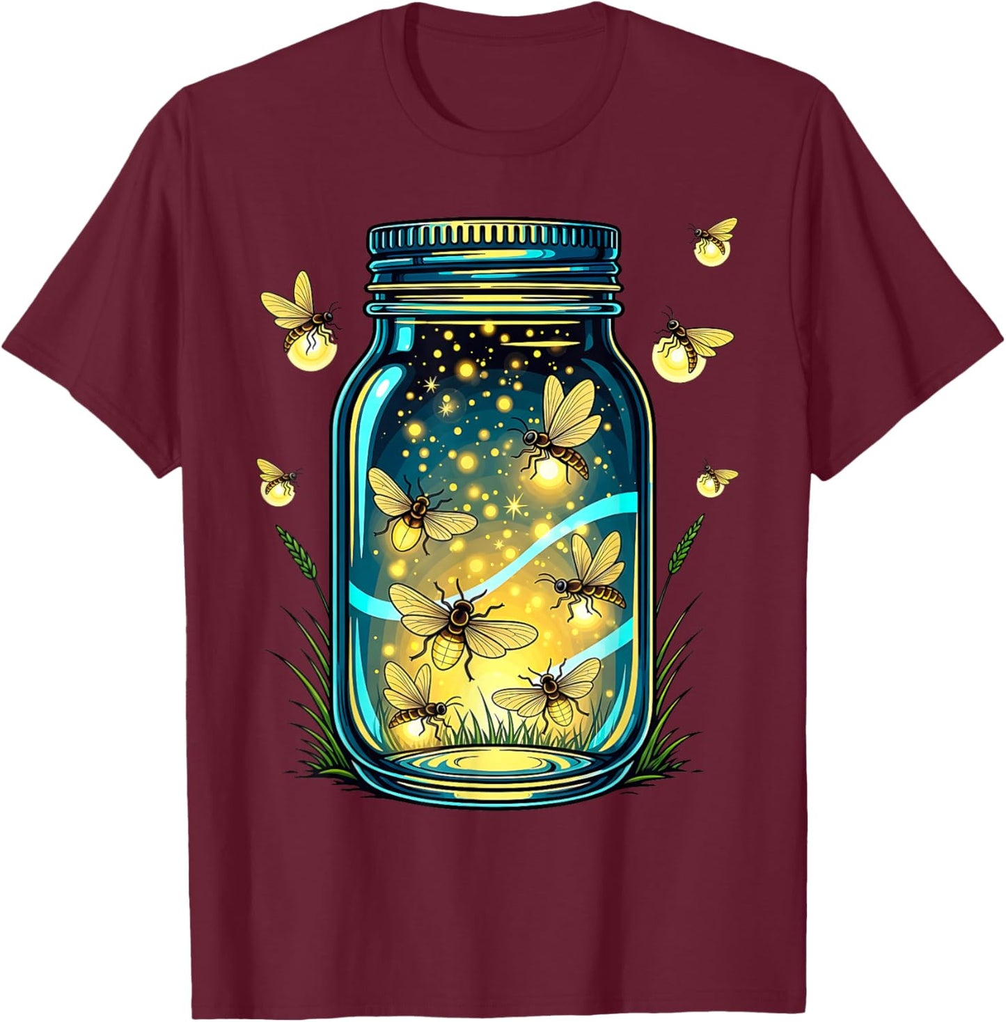 Glowing Fireflies in Jar T-Shirt - T-Shirt | Maroon