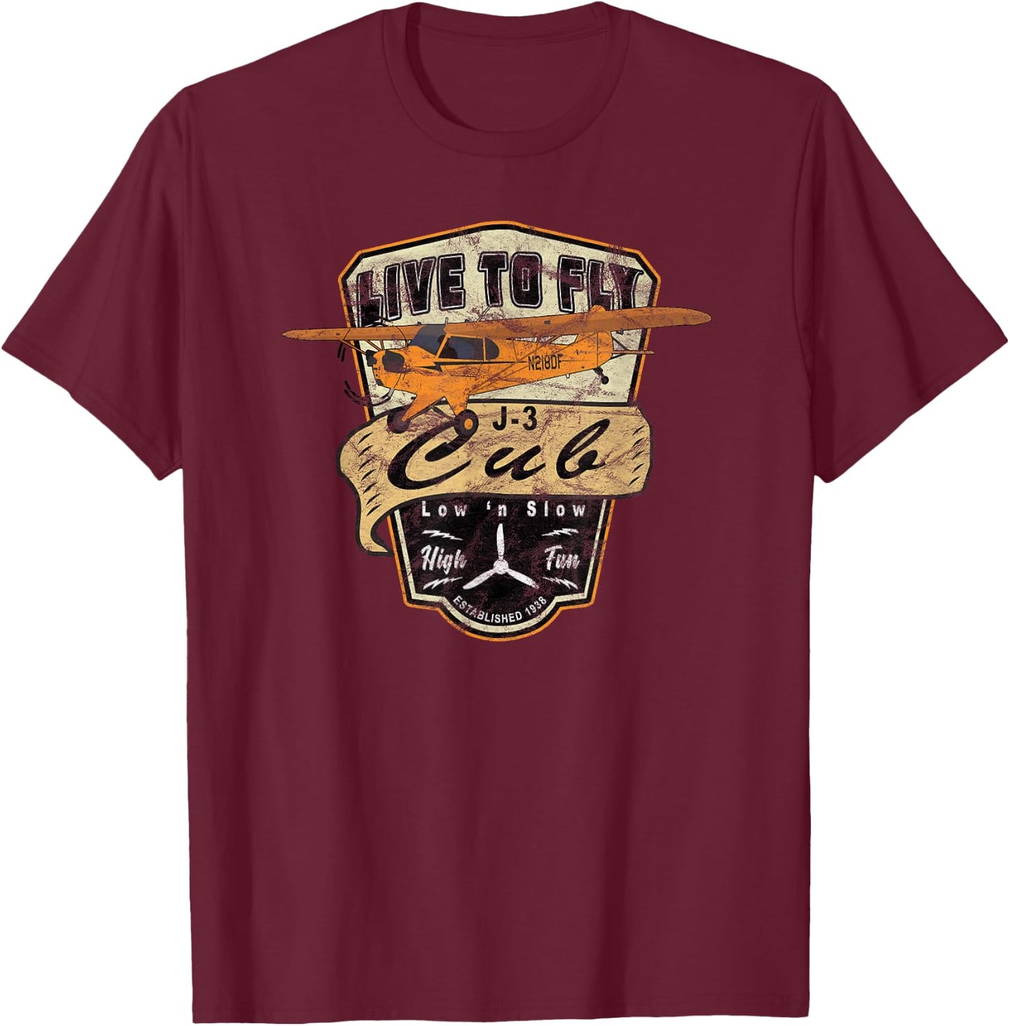 J-3 Cub Airplane "Live to Fly" Vintage Pilot T-Shirt - T-Shirt | Maroon