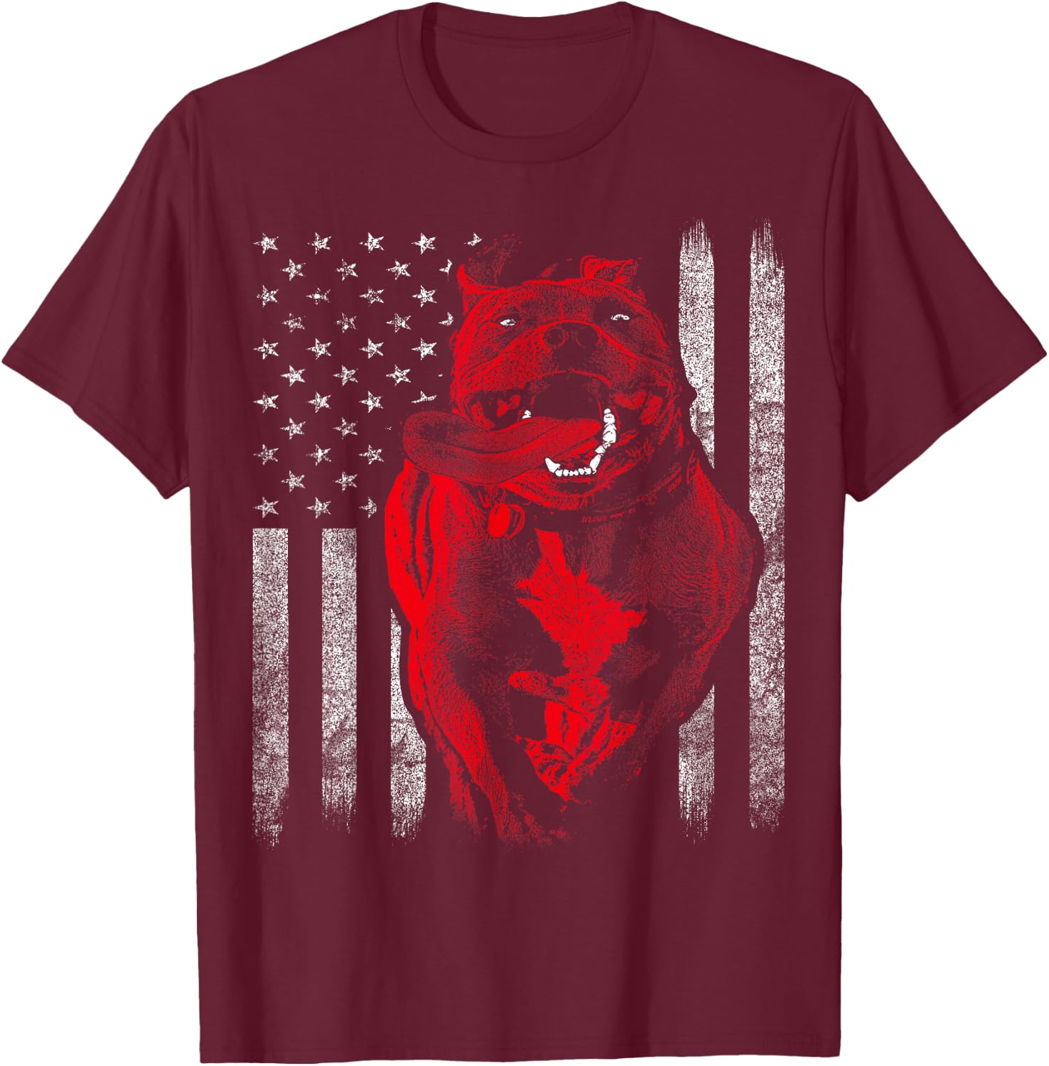 American Bully Pit Bull Dog With American Flag T-Shirt - T-Shirt | Maroon