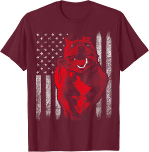American Bully Pit Bull Dog With American Flag T-Shirt - T-Shirt | Maroon