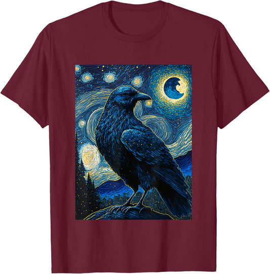 Raven Starry Night Style Painting, Van Gogh Crow Lover T-Shirt - T-Shirt | Maroon