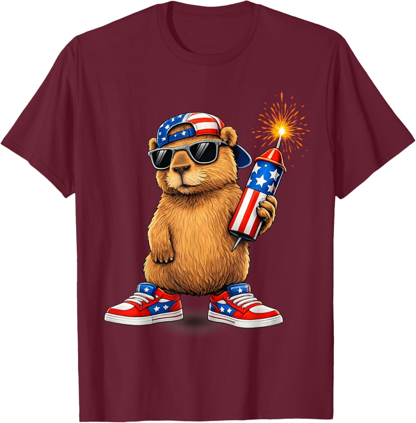 Patriotic Capybara Fireworks USA Flag Funny 4th of July T-Shirt - T-Shirt | Maroon