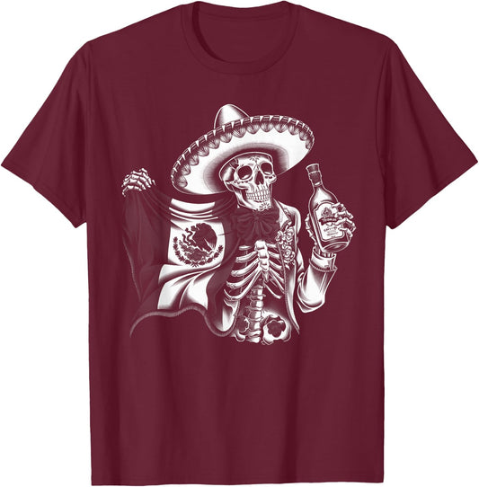 Mexico Vintage Skeleton Tequila Dia De Los Muertos Mexican T-Shirt - T-Shirt | Maroon