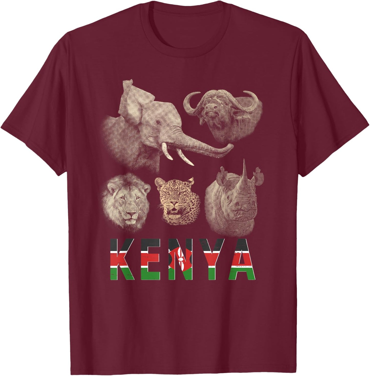 Kenya Big Five Africa Safari Wildlife T-Shirt - T-Shirt | Maroon