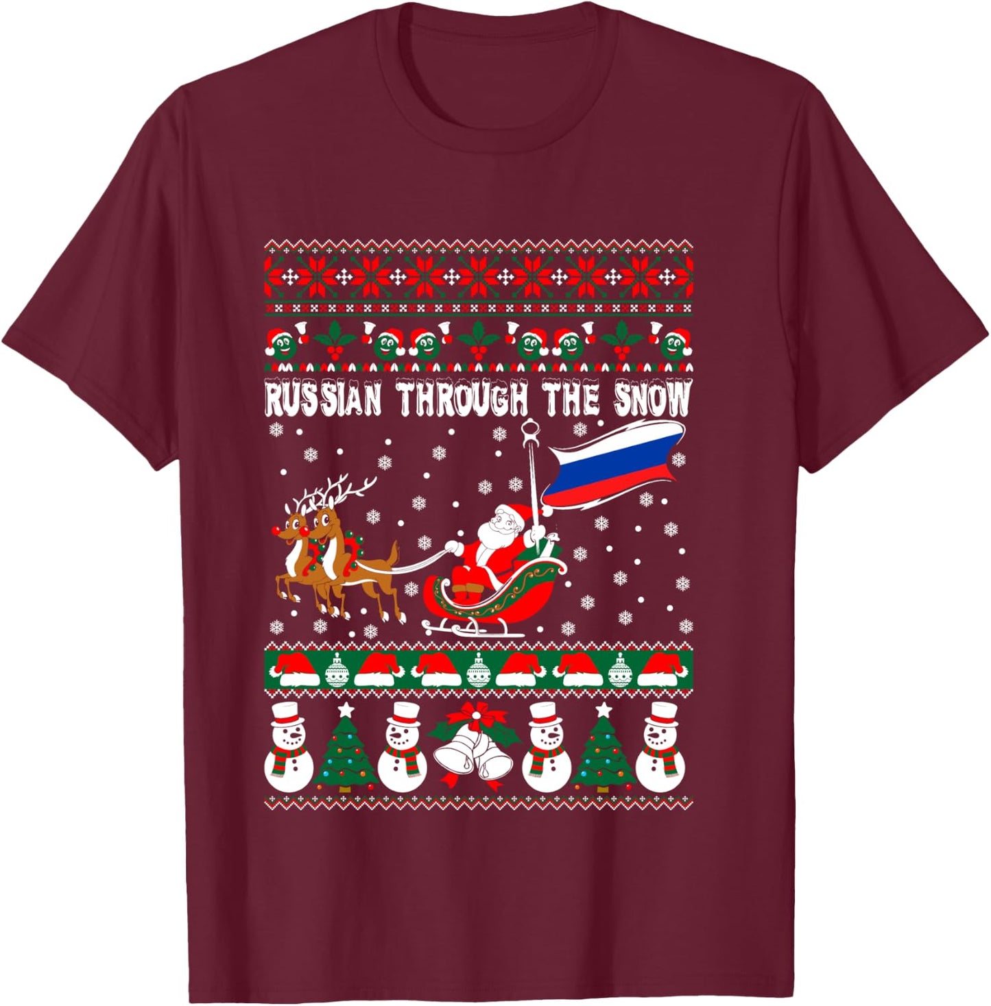 Russian Through The Snow Ugly Christmas Sweater T-Shirt - T-Shirt | Maroon