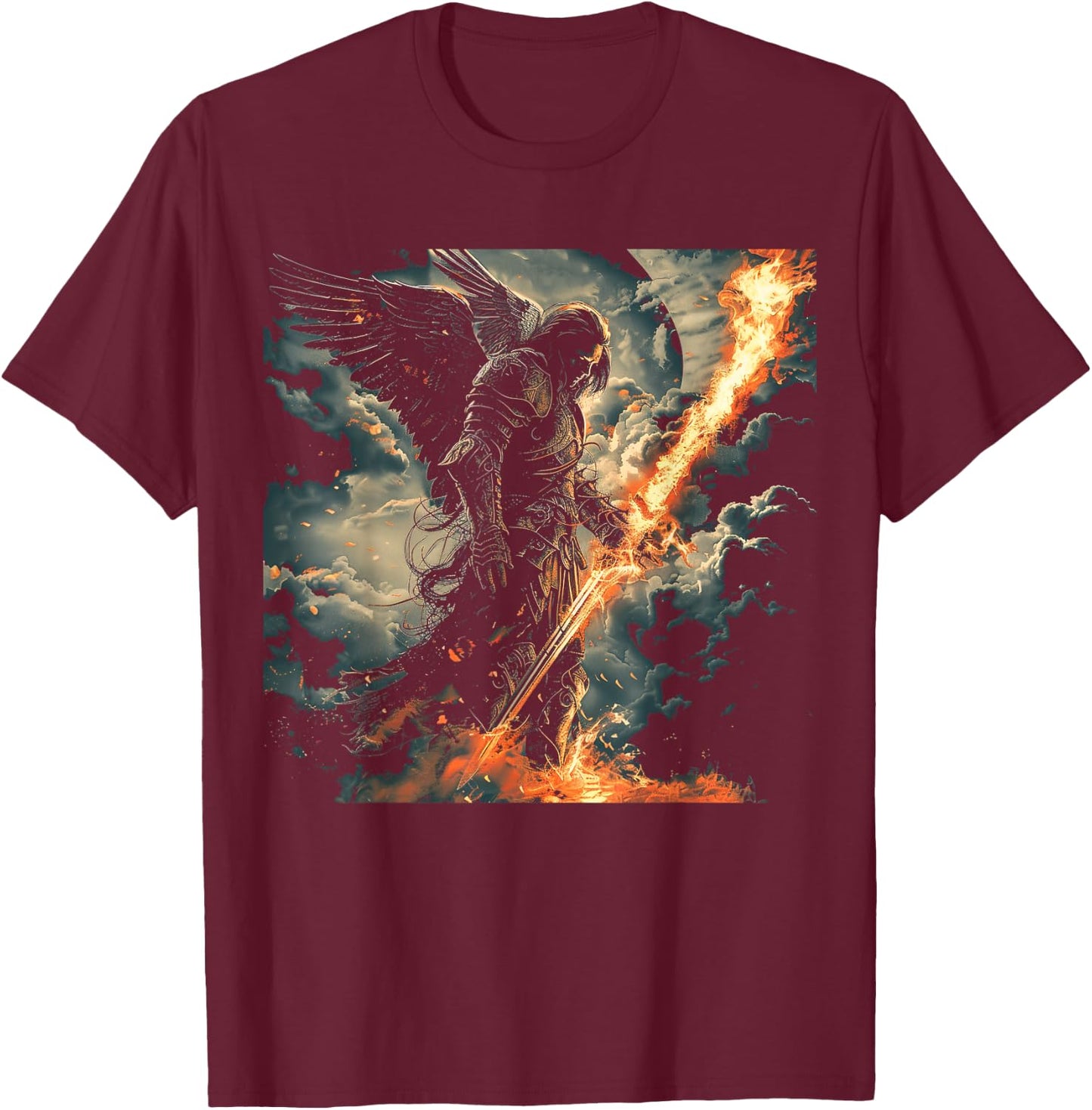 Archangel Michael Flaming Sword Epic Biblical Battle Art T-Shirt - T-Shirt | Maroon