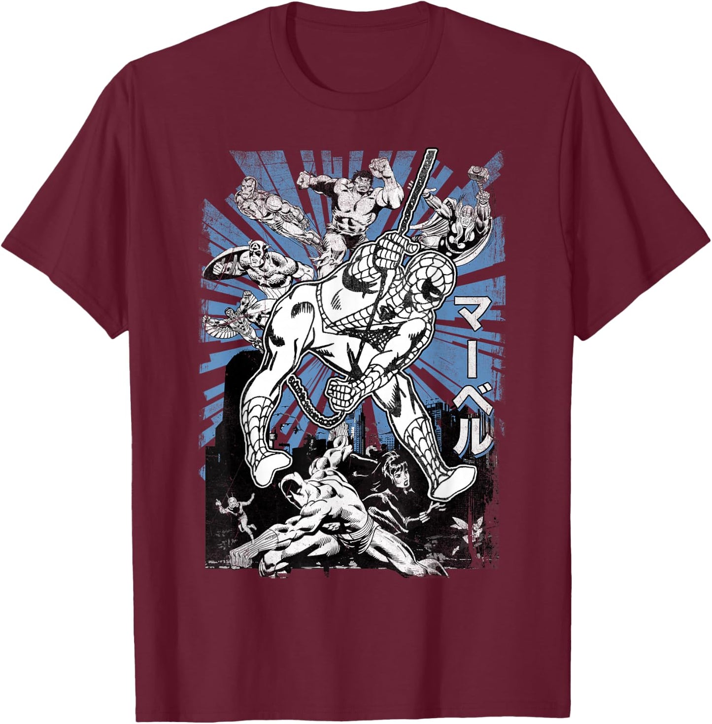 Marvel Avengers Kanji Group Shot Spider-Man Graphic T-Shirt - T-Shirt | Maroon