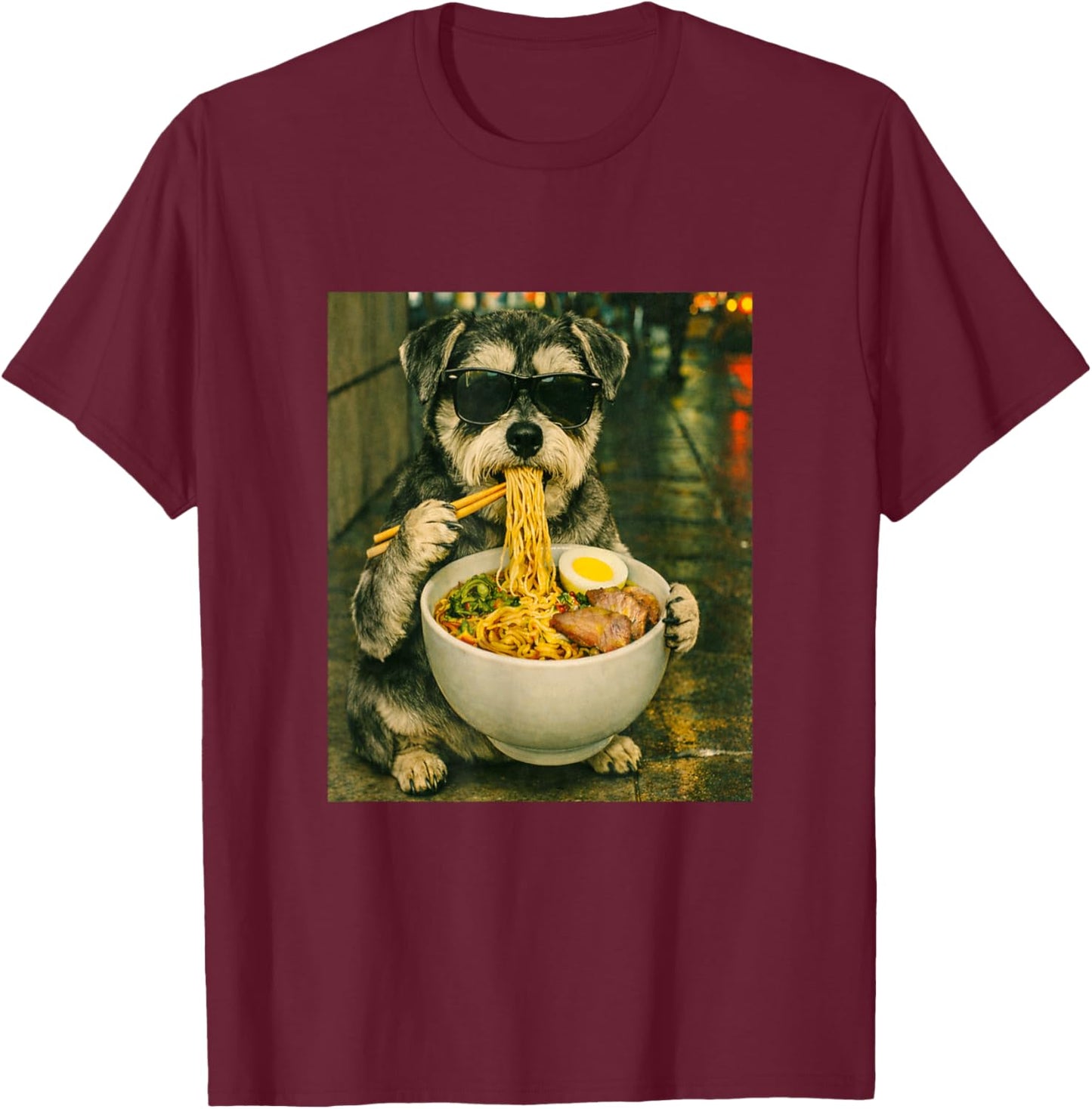 Schnauzer Eating Ramen Noodles Meme Retro Urban T-Shirt - T-Shirt | Maroon