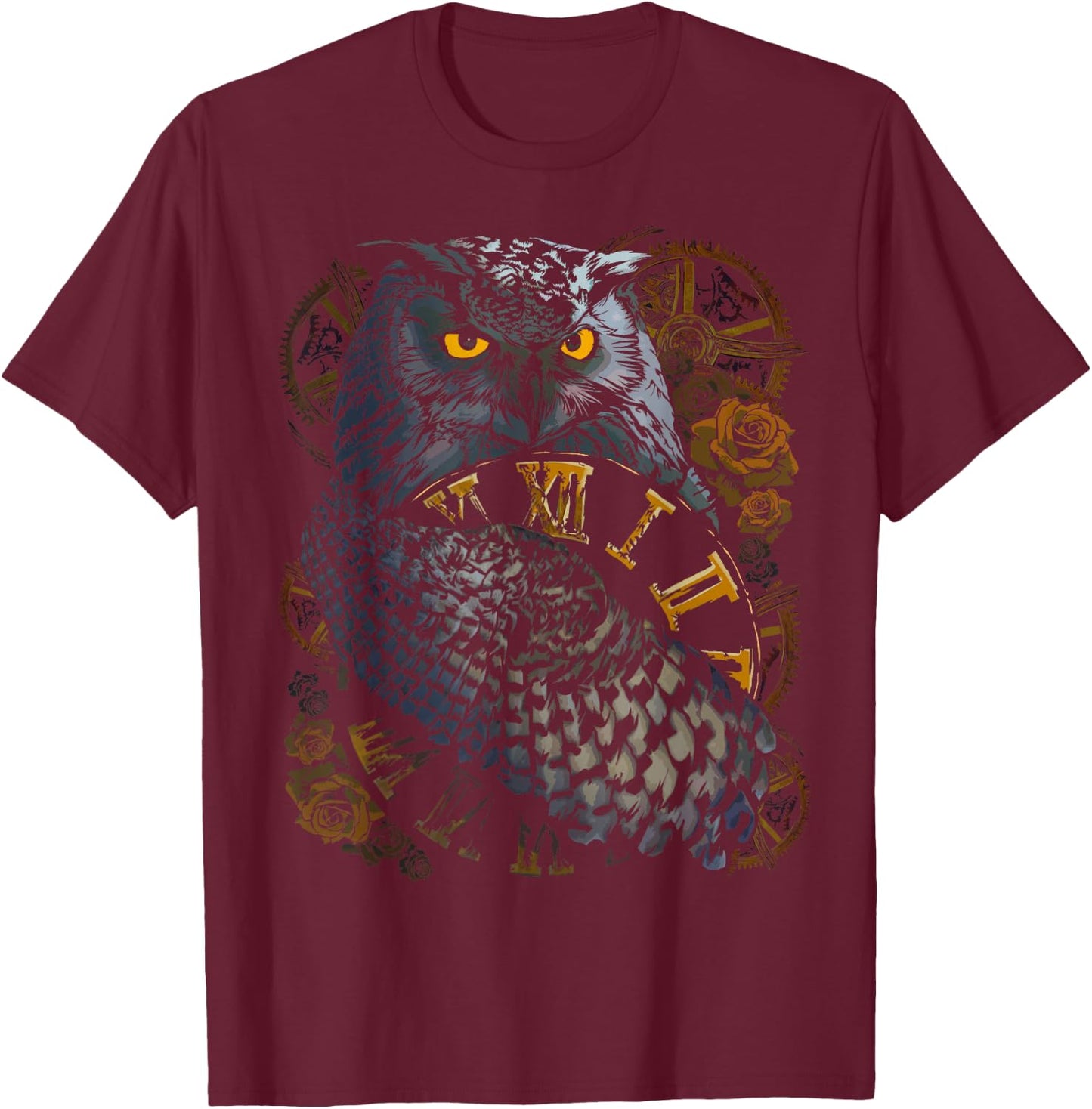 Owl Wildlife Nature Spirit Animal with Steampunk Design T-Shirt - T-Shirt | Maroon