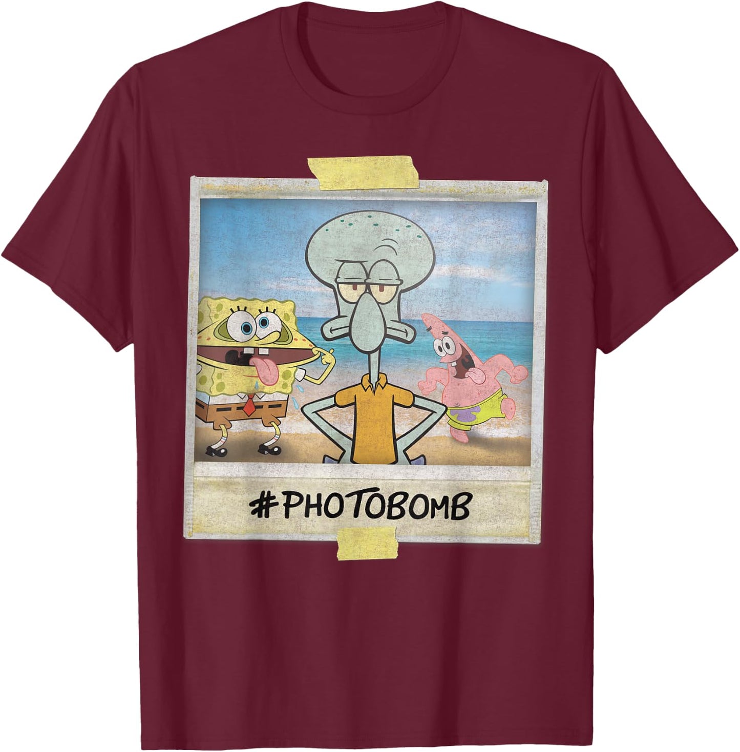 Nickelodeon Spongebob SquarePants Squidward Photobomb Black Adult Boys, -Youth Short Sleeve T-Shirt - T-Shirt | Maroon