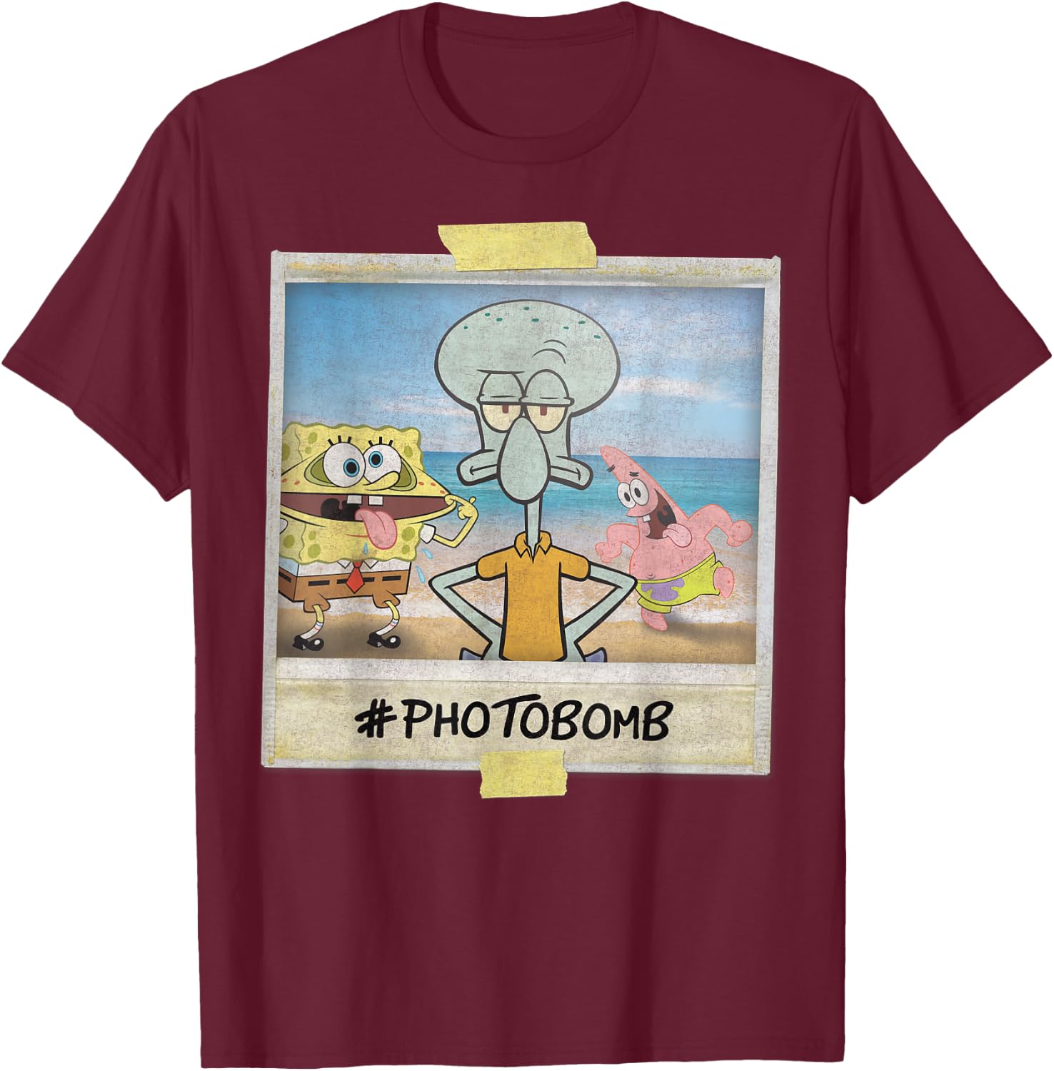 Nickelodeon Spongebob SquarePants Squidward Photobomb Black Adult Boys, -Youth Short Sleeve T-Shirt - T-Shirt | Maroon