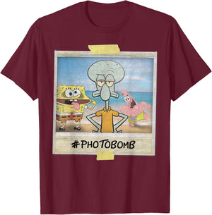 Nickelodeon Spongebob SquarePants Squidward Photobomb Black Adult Boys, -Youth Short Sleeve T-Shirt - T-Shirt | Maroon