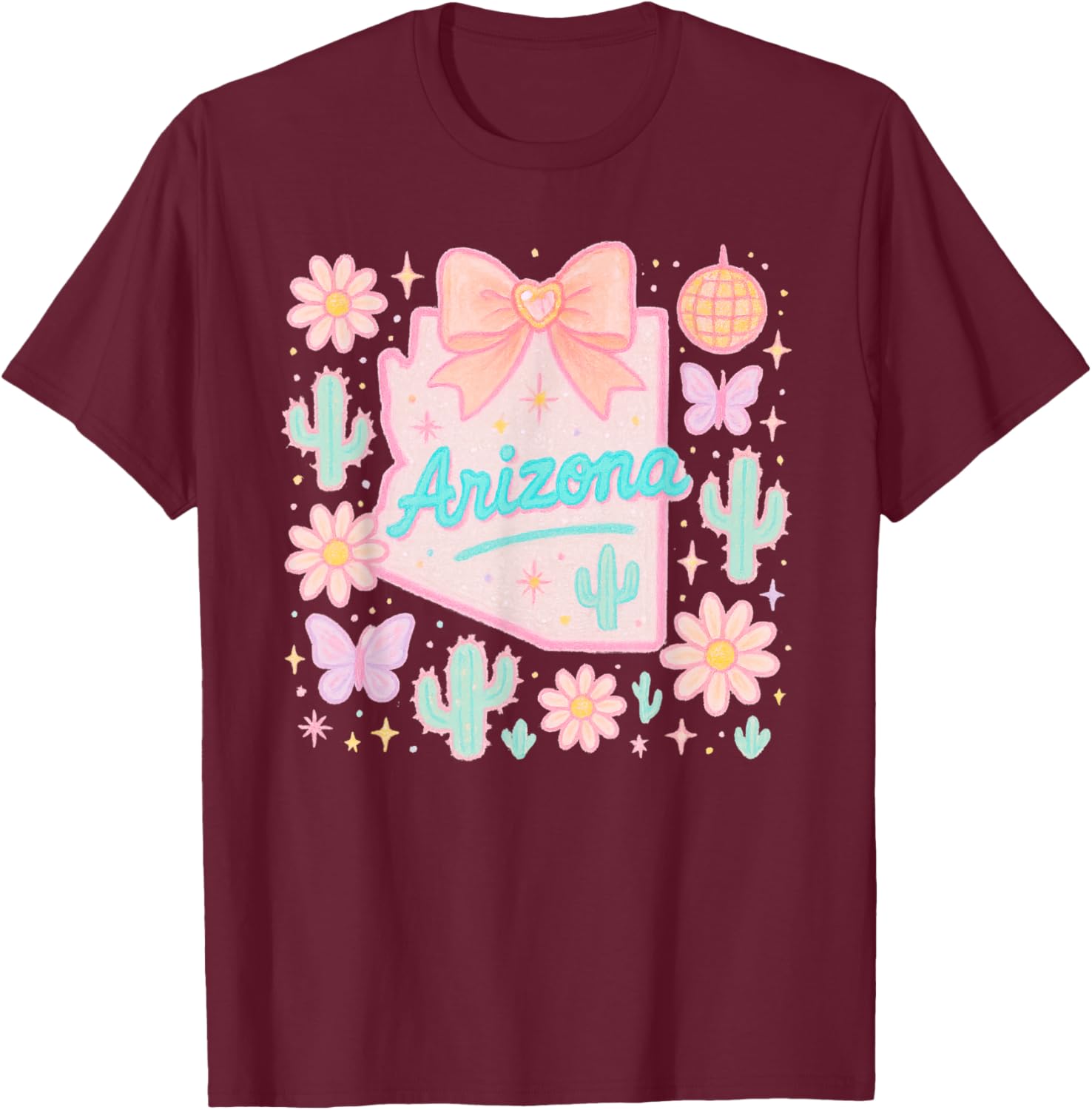 Arizona Preppy State Coquette Bow and Cactus Aesthetic T-Shirt - T-Shirt | Maroon