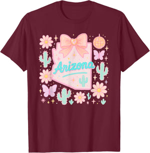 Arizona Preppy State Coquette Bow and Cactus Aesthetic T-Shirt - T-Shirt | Maroon