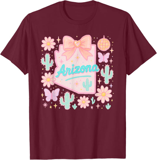 Arizona Preppy State Coquette Bow and Cactus Aesthetic T-Shirt - T-Shirt | Maroon