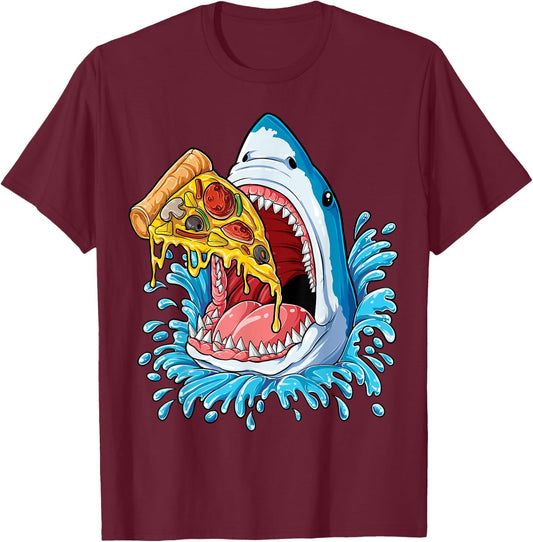 Pizza Eating Shark T shirt Kids Boys Food Lovers Jawsome T-Shirt - T-Shirt | Maroon