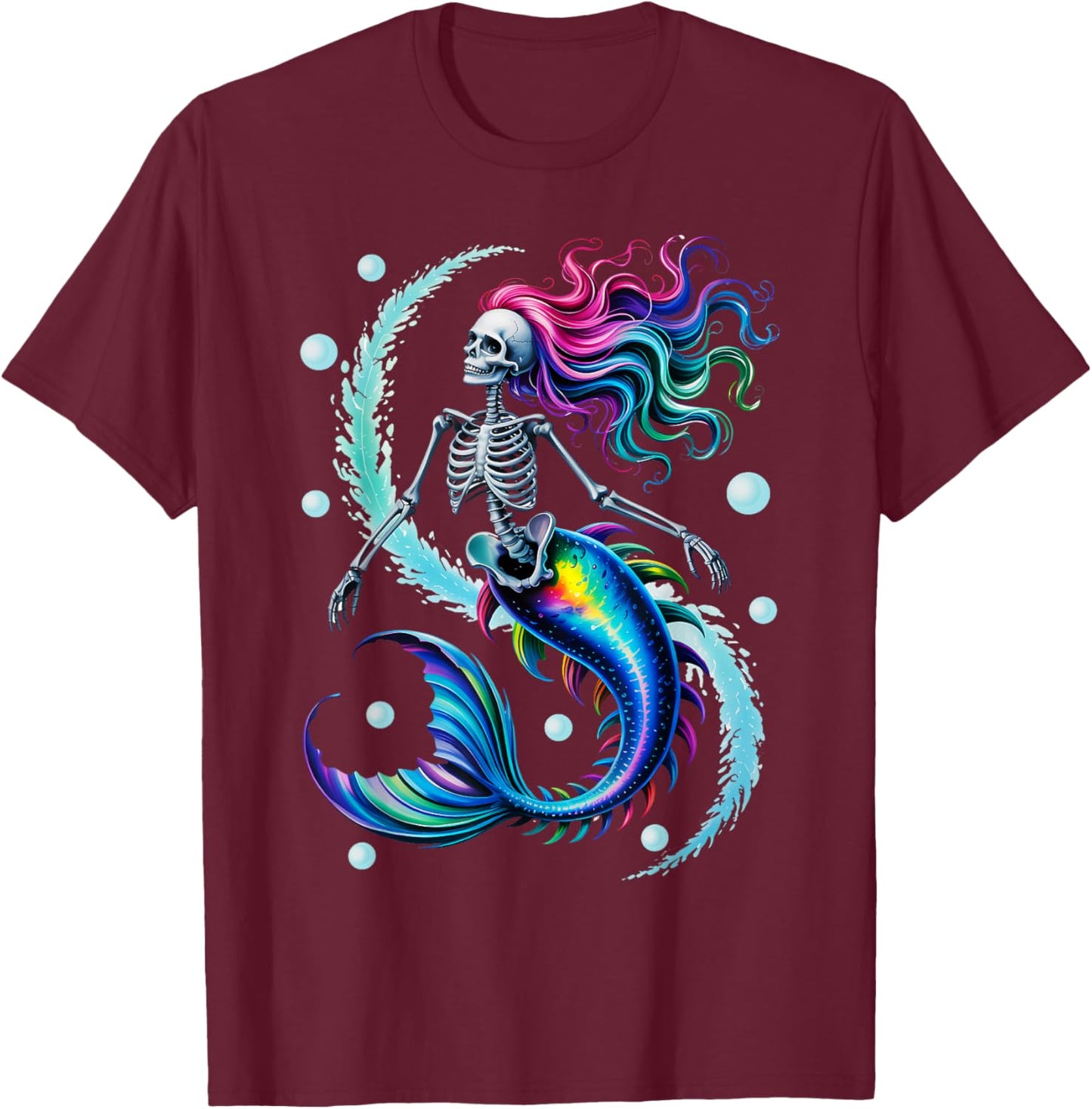 Mermaid Skeleton - Scary Halloween T-Shirt - T-Shirt | Maroon
