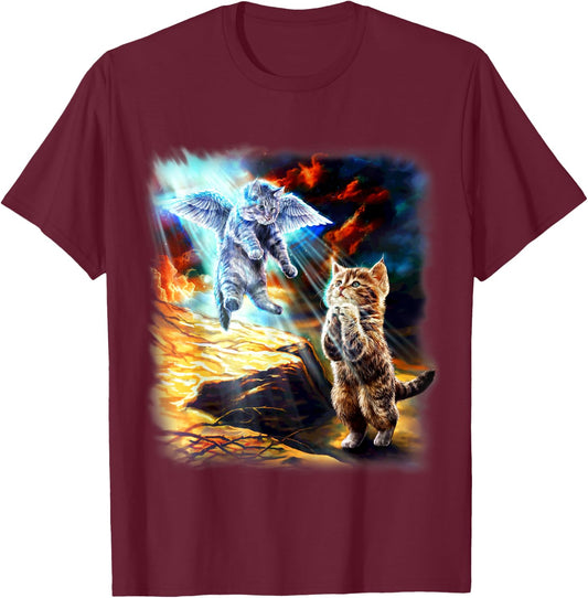 Angel Cat and Praying Companion in Fiery Sky Men Women Kids T-Shirt - T-Shirt | Maroon