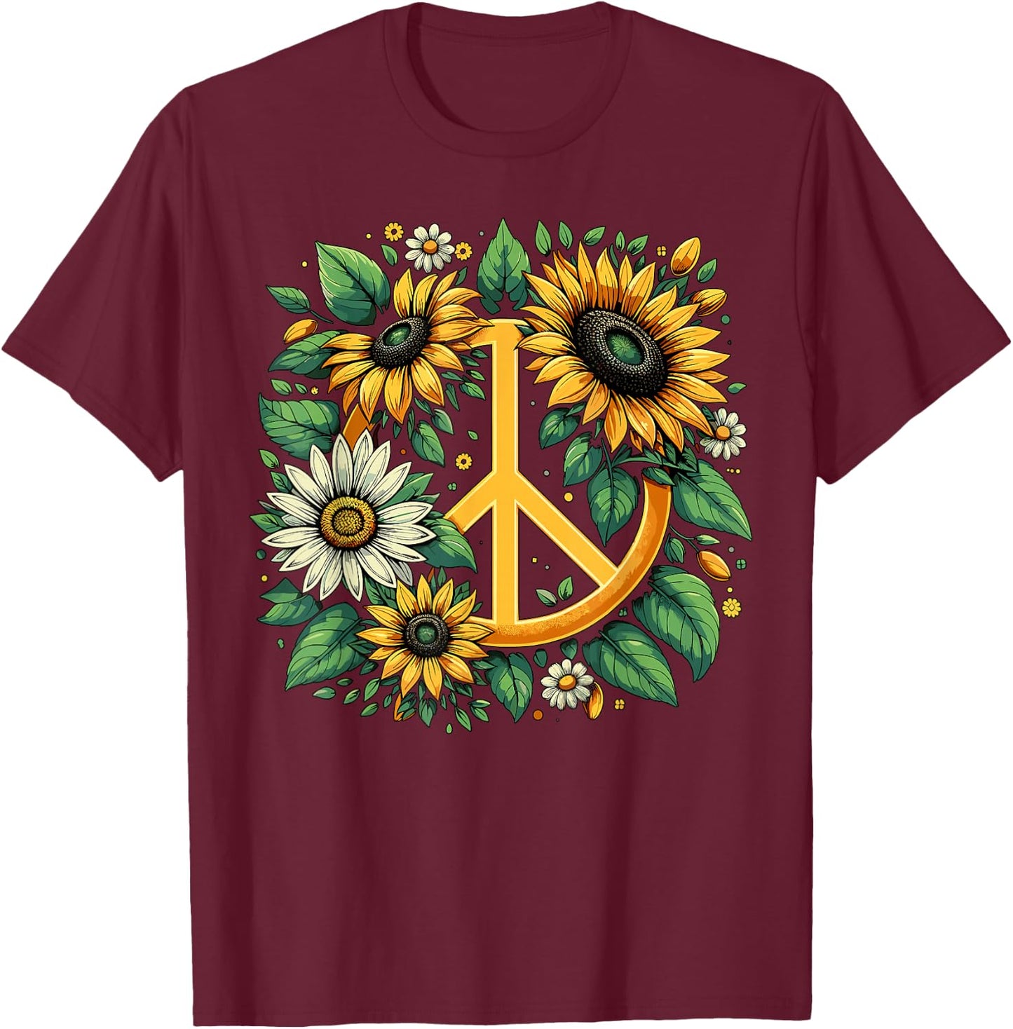 Hippie Peace Sign Flower Sunflower Lovers T-Shirt - T-Shirt | Maroon