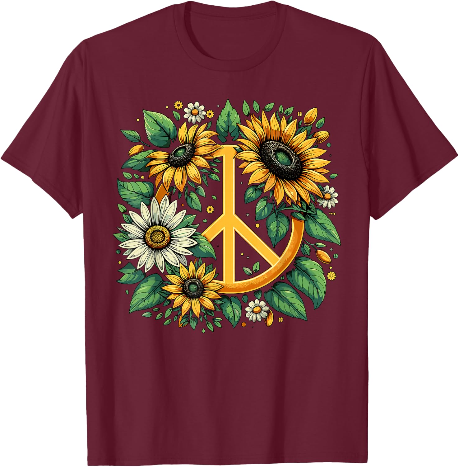 Hippie Peace Sign Flower Sunflower Lovers T-Shirt - T-Shirt | Maroon