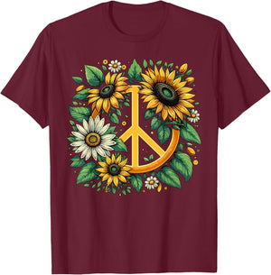 Hippie Peace Sign Flower Sunflower Lovers T-Shirt - T-Shirt | Maroon
