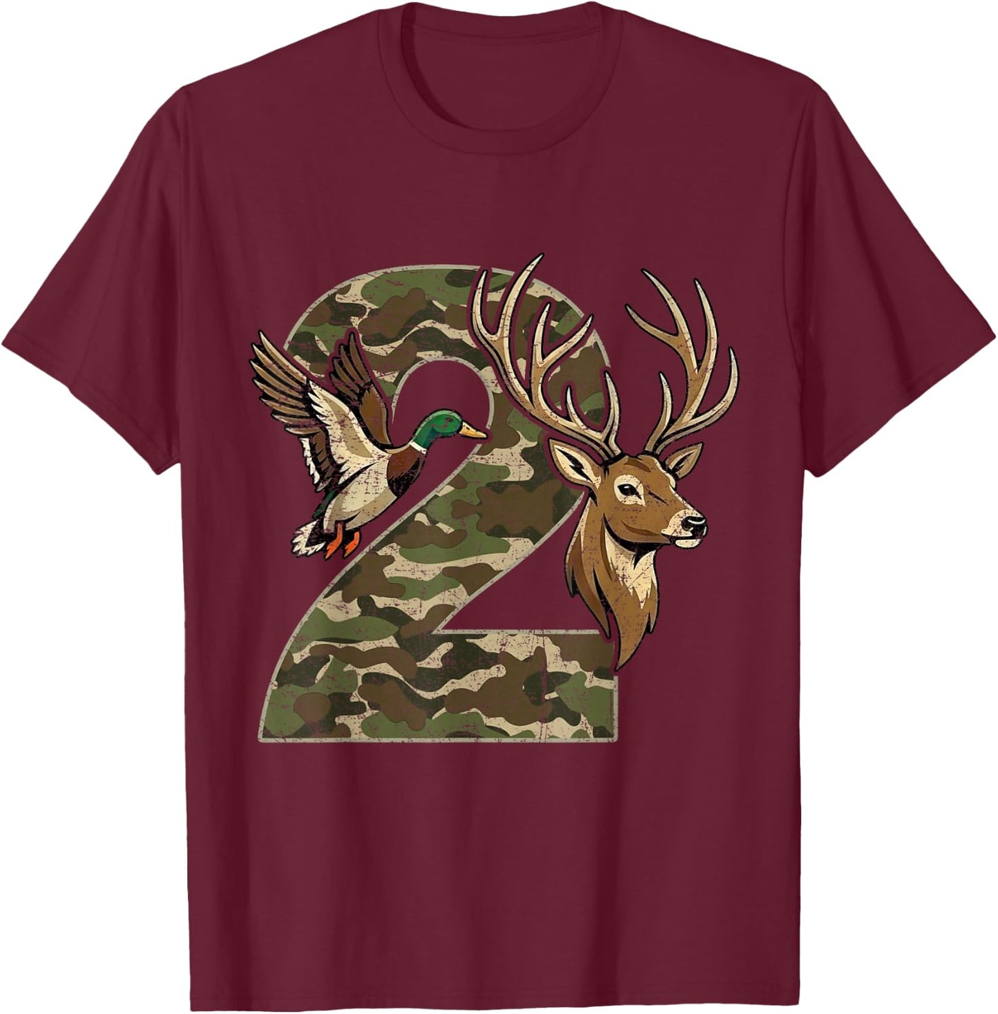 2 Years Old 2nd Birthday for Boys Girls Camouflage Hunting T-Shirt - T-Shirt | Maroon