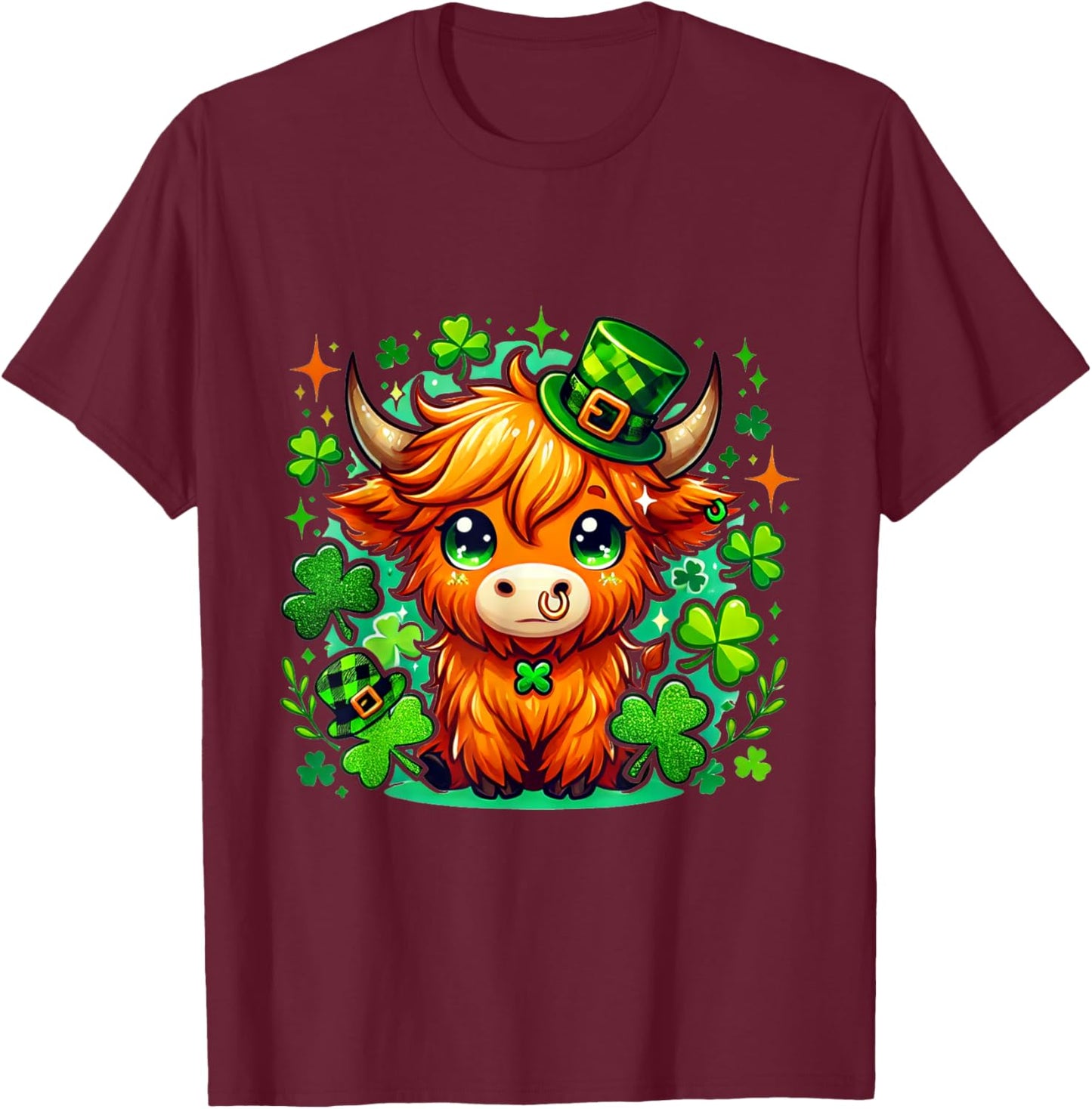 Cute Highland Cow St. Patrick's Day Design - Irish Festive T-Shirt - T-Shirt | Maroon